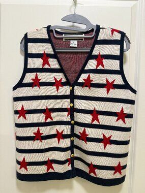 CRYSTAL-KOBE Women's Red Star Striped Knit Vest Cardigan Size M Top Size‎ M
